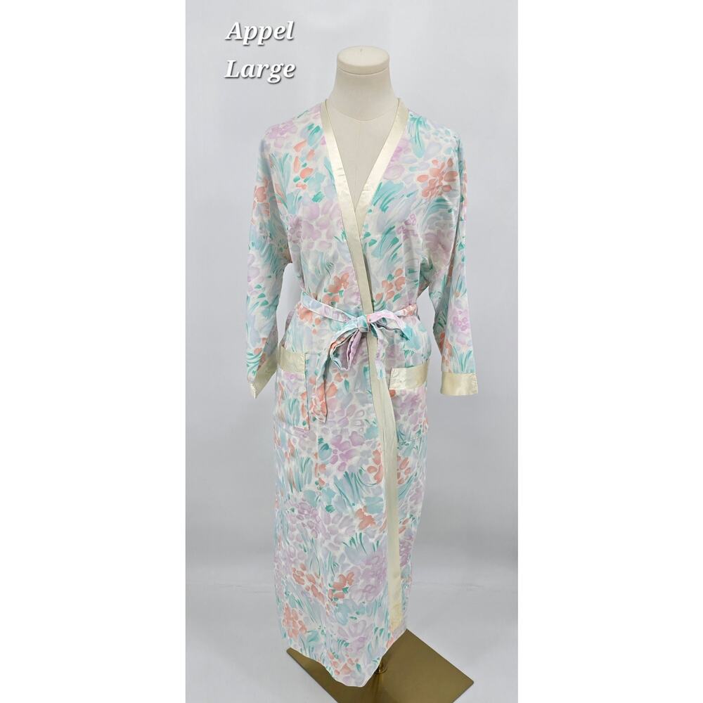 Vintage 1980s Appel Pastel Floral Satin Trim Robe — Made in USA (Size Large)‎